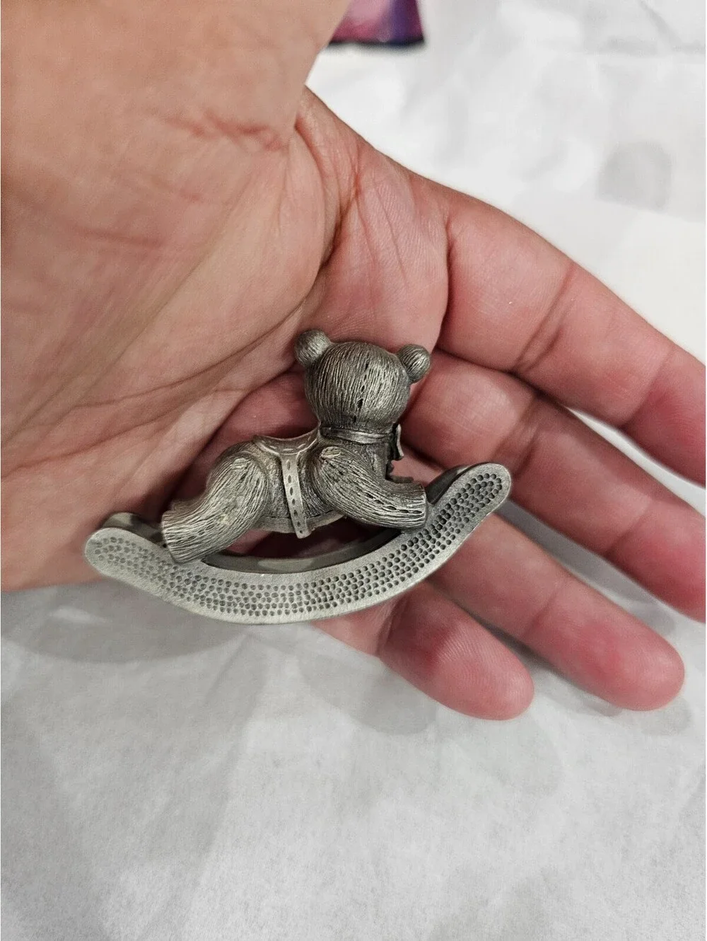 Vintage 1983 Spoontiques Rocking Teddy Bear Pewter Silver Figurine Size 1.5X2.5
